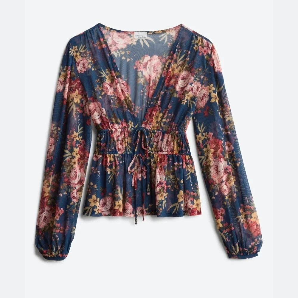 Madison & Berkeley Floral V-Neck Blouse - Blue and Pink - Picture 1 of 1